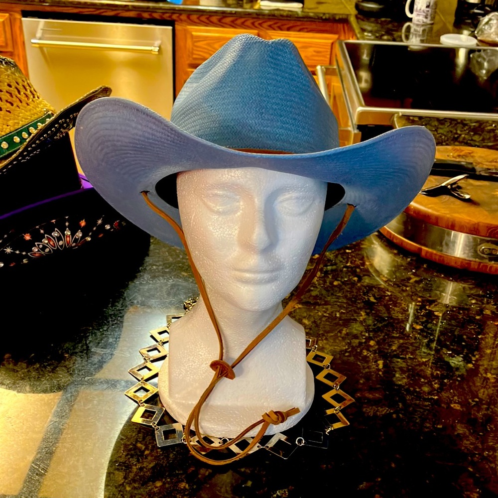 🩵🤠Wrangler Riata Blue 100% Nylon Knit Western Hat With Tan Leather Hatband Med